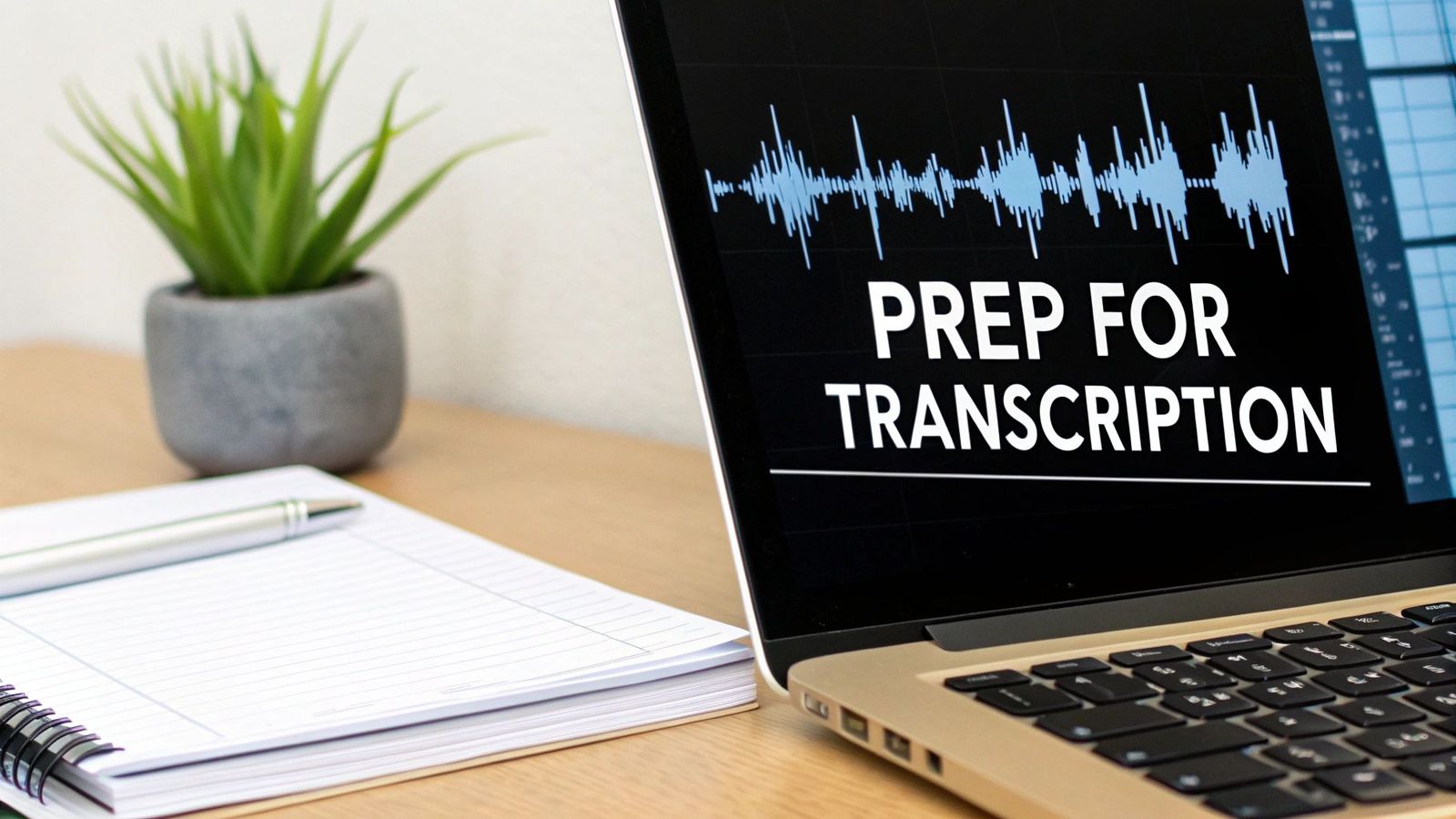 A laptop displays "PREP FOR TRANSCRIPTION" and an audio waveform, alongside a notebook, pen, and plant.