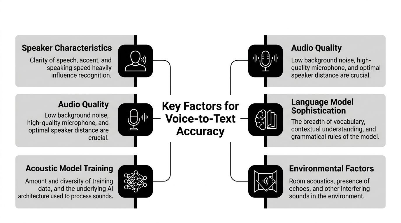 A diagram outlining the six key factors influencing voice-to-text accuracy including audio quality and speaker characteristics.