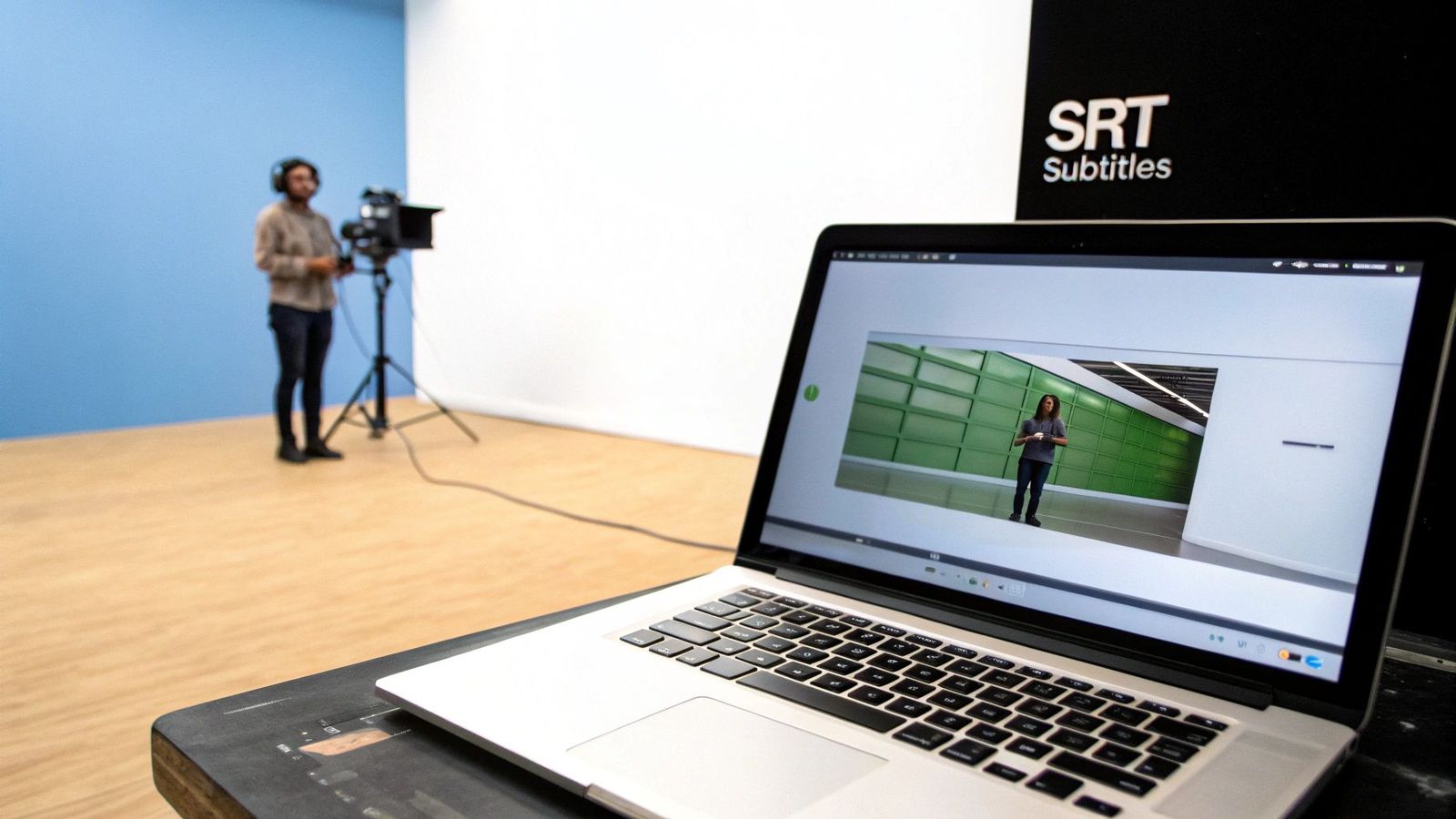 A person records video in a studio, with a laptop displaying a separate video and SRT Subtitles logo.