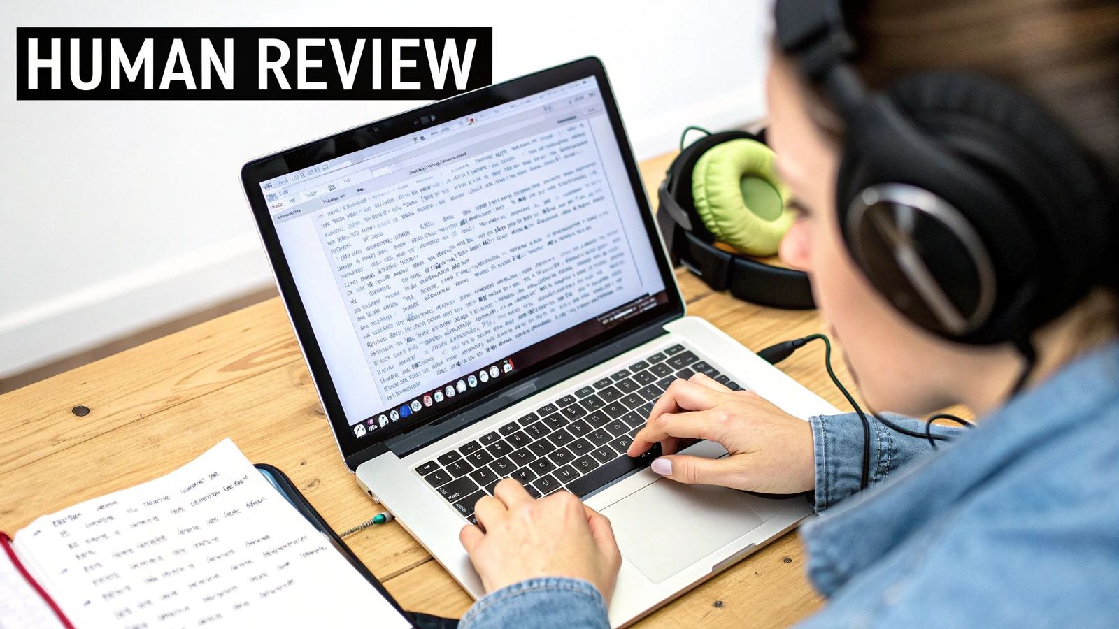 Person wearing headphones typing on laptop reviewing transcription data with notebook on wooden desk