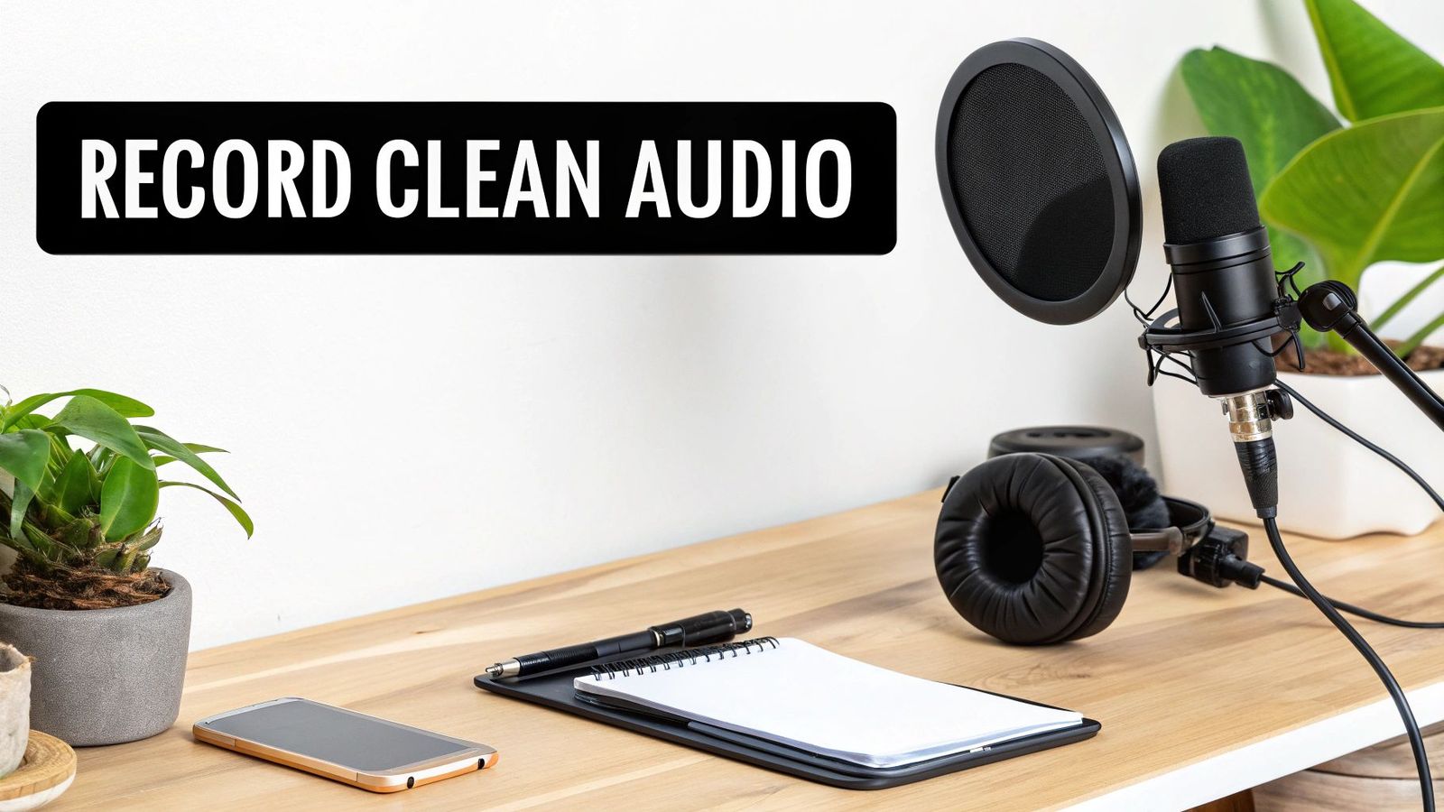 A clean podcast recording setup with a microphone, headphones, and a sign saying 'RECORD CLEAN AUDIO'.