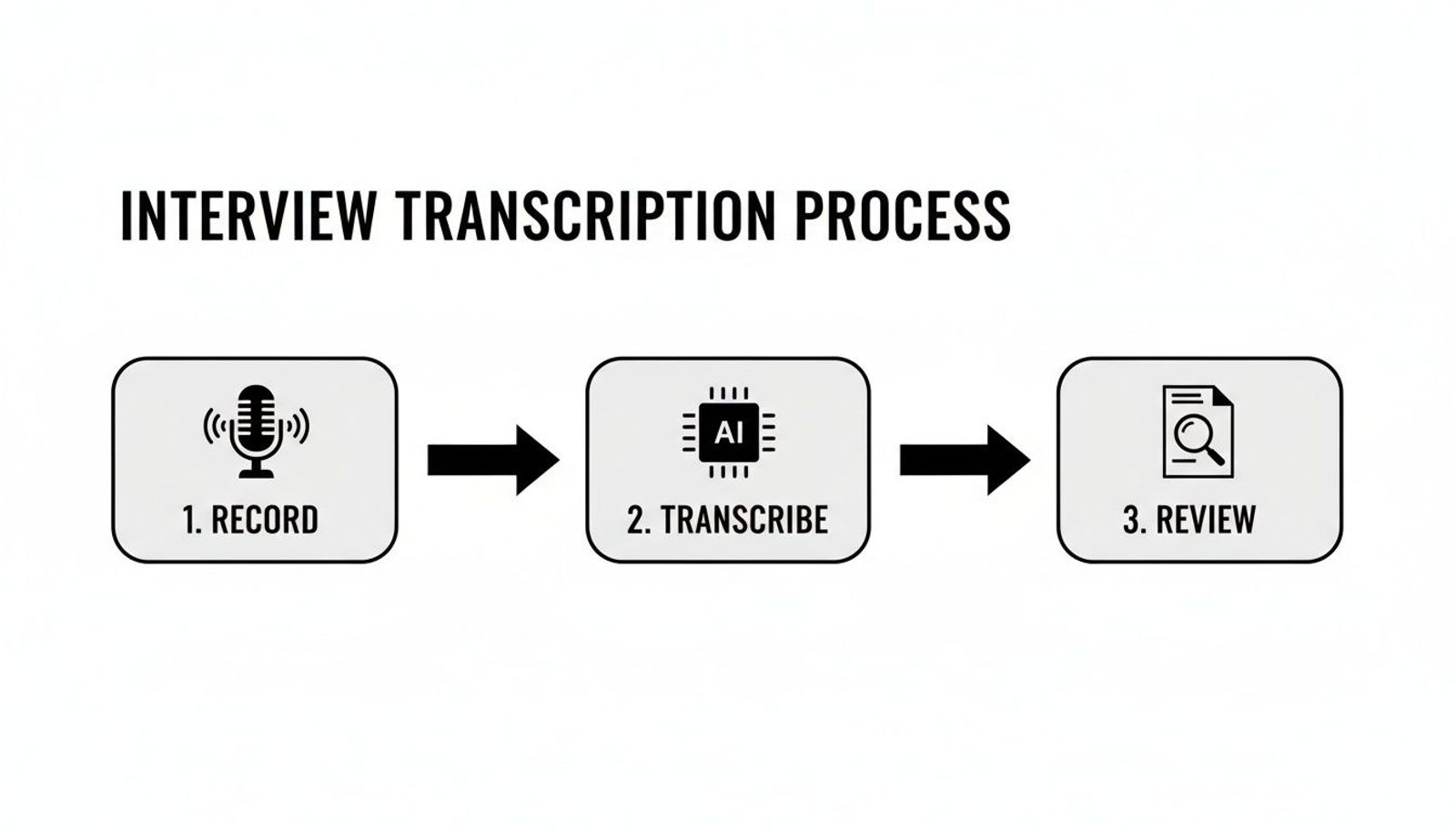 A three-step infographic showing the interview transcription process: 1. Record, 2. Transcribe with AI, 3. Review.