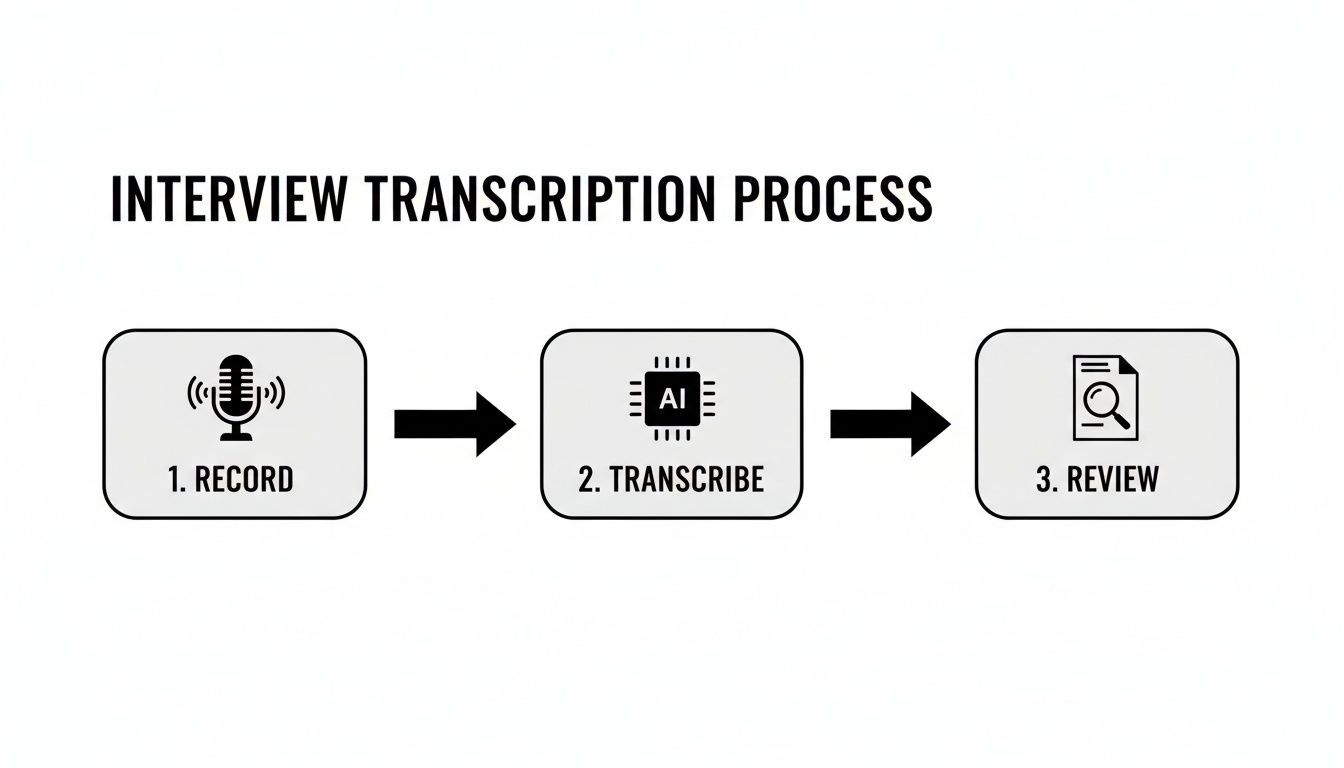 A three-step infographic showing the interview transcription process: 1. Record, 2. Transcribe with AI, 3. Review.