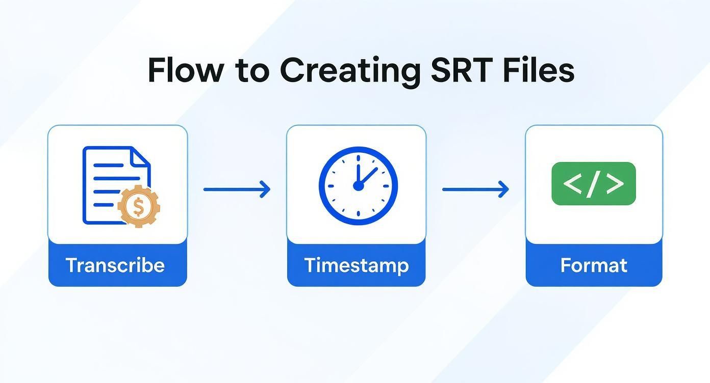 A flowchart showing the three steps to create SRT files: Transcribe, Timestamp, and Format.