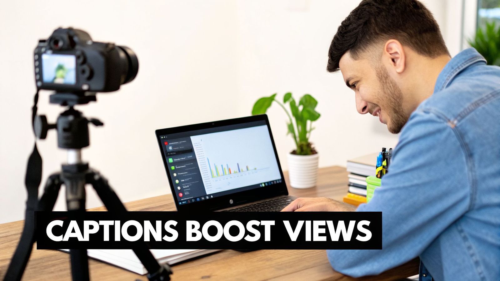 A man records a video with a camera on a tripod, looking at analytics on his laptop, with text 'CAPTIONS BOOST VIEWS'.