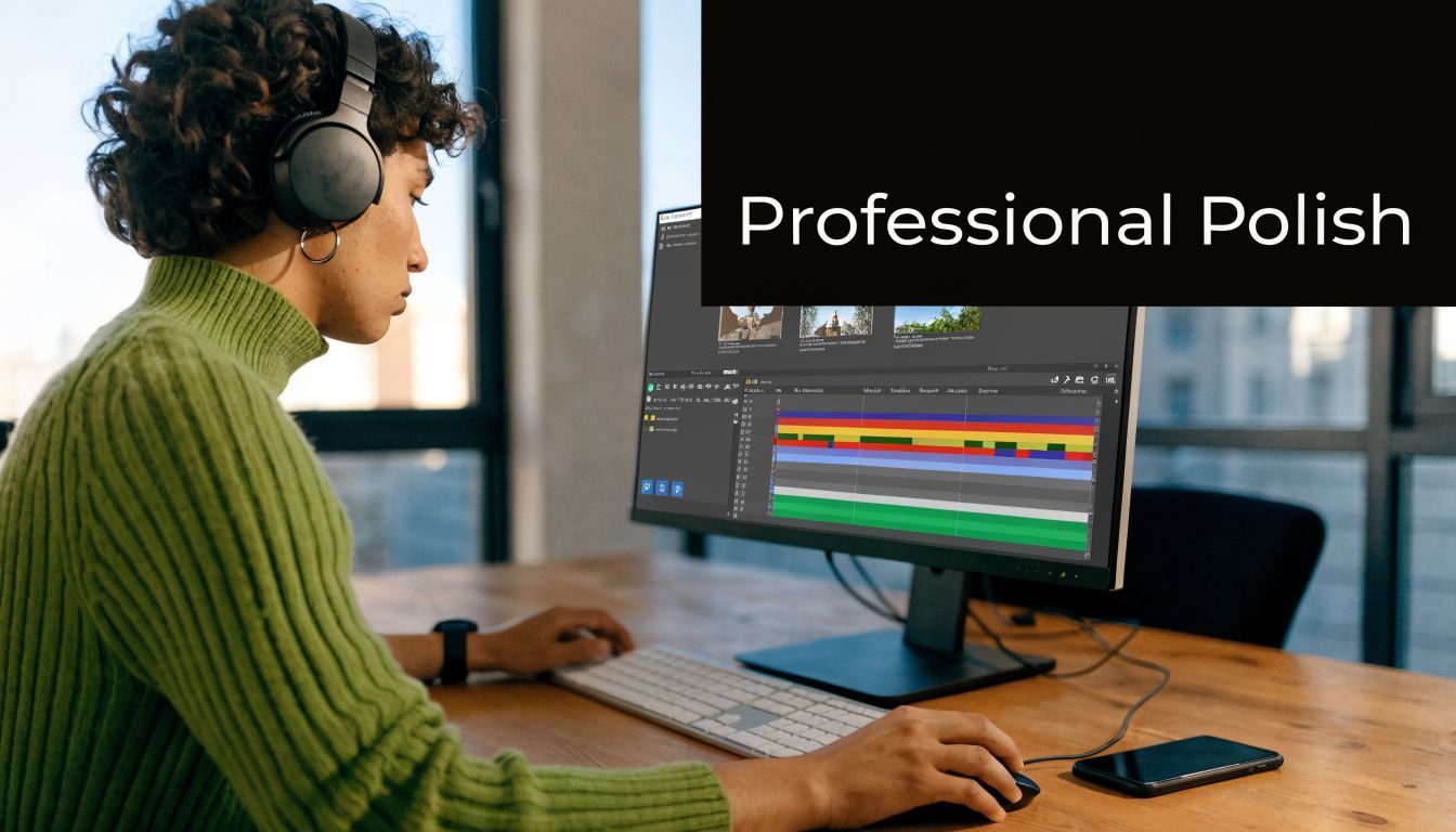 A creative professional editing a zoom video recording on a desktop computer while wearing noise-canceling headphones.