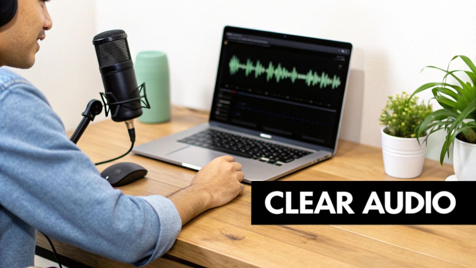 Person recording podcast with professional microphone while editing audio waveform on laptop screen