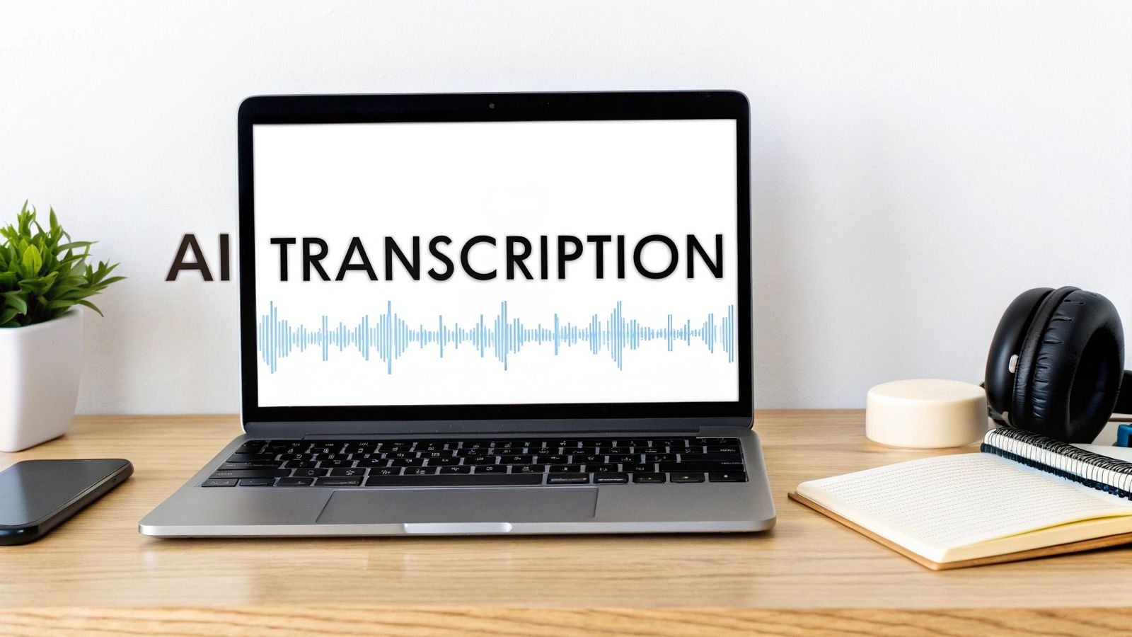 A laptop screen displays 'AI TRANSCRIPTION' with a sound wave, on a desk with a phone and headphones.