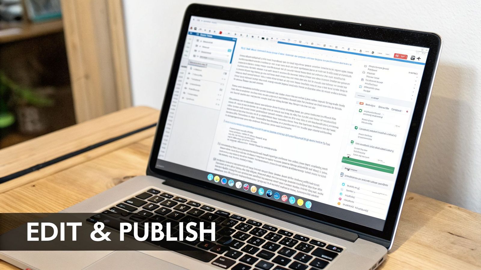 A laptop on a wooden desk displays document editing software with text and menus, with "EDIT & PUBLISH" overlay.