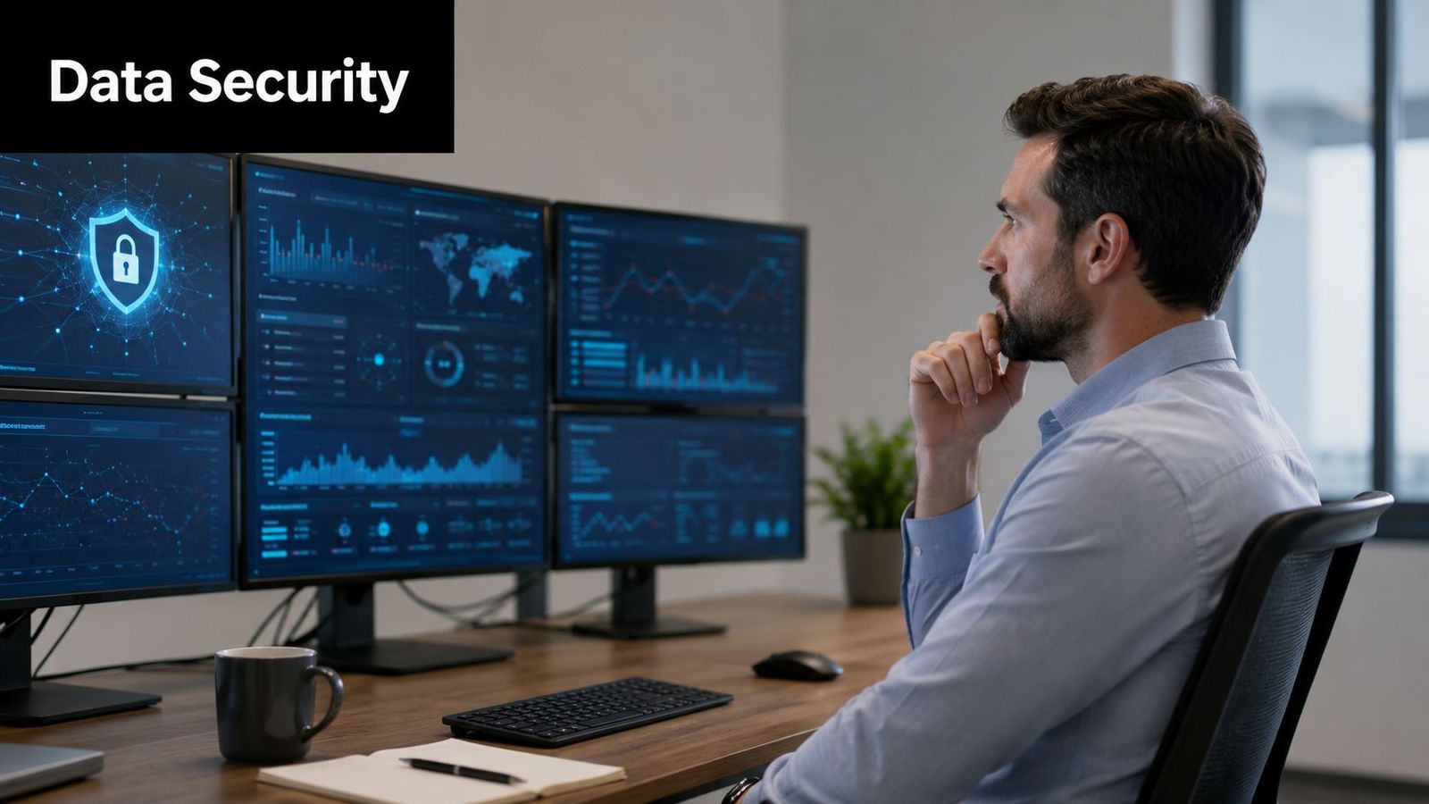 A male security analyst monitors digital dashboards and cybersecurity data on multiple computer screens in an office.