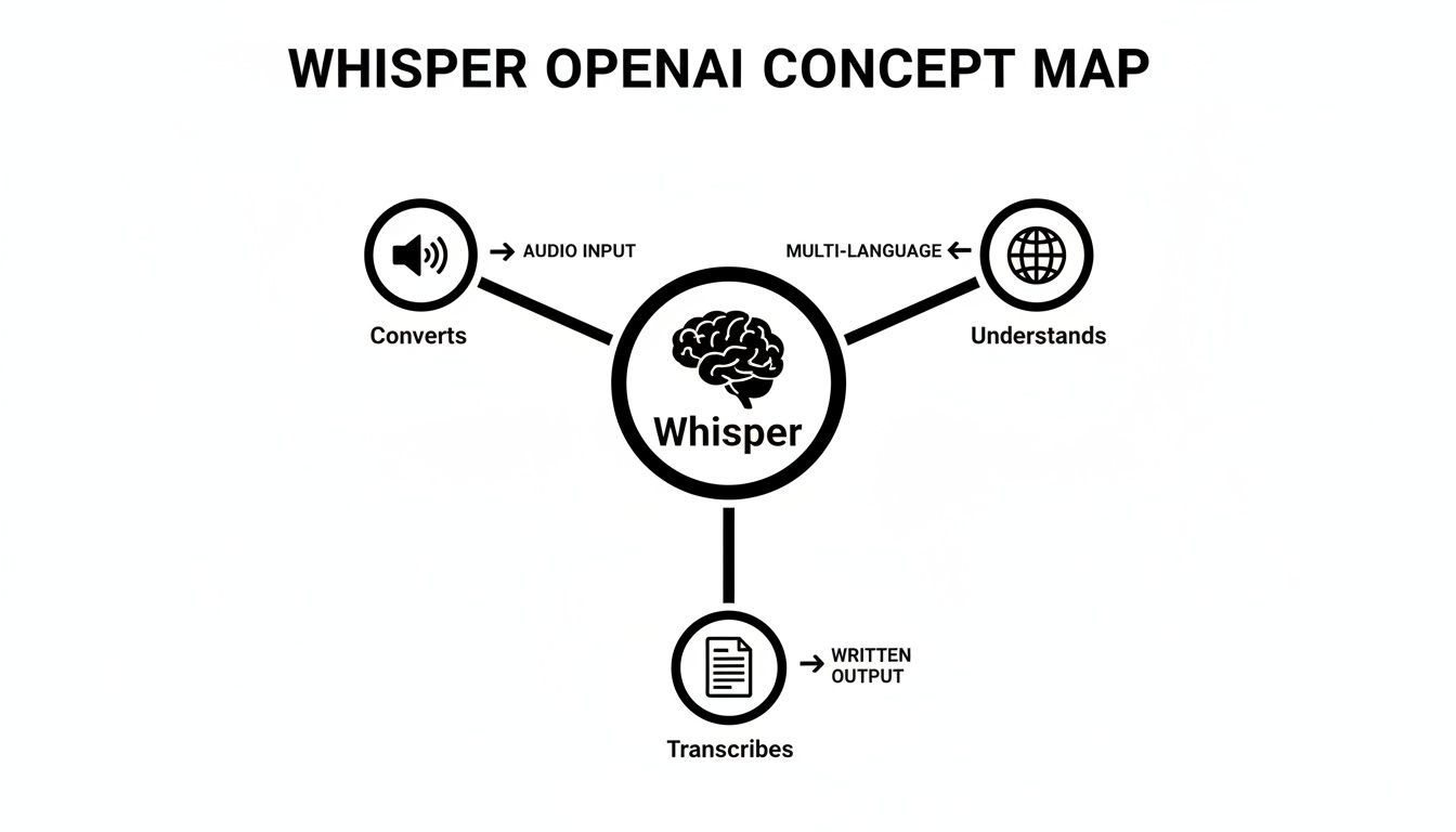 A concept map illustrating Whisper OpenAI's core functions: converting audio input, understanding multiple languages, and generating written output.