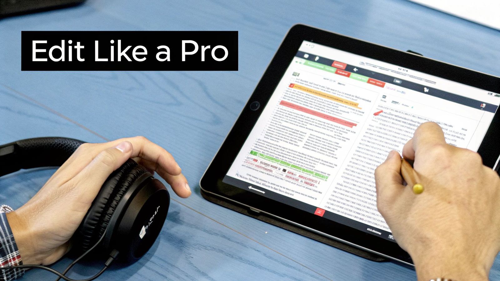 Hands editing a document on a tablet with a stylus, while holding headphones, 'Edit Like a Pro' banner.