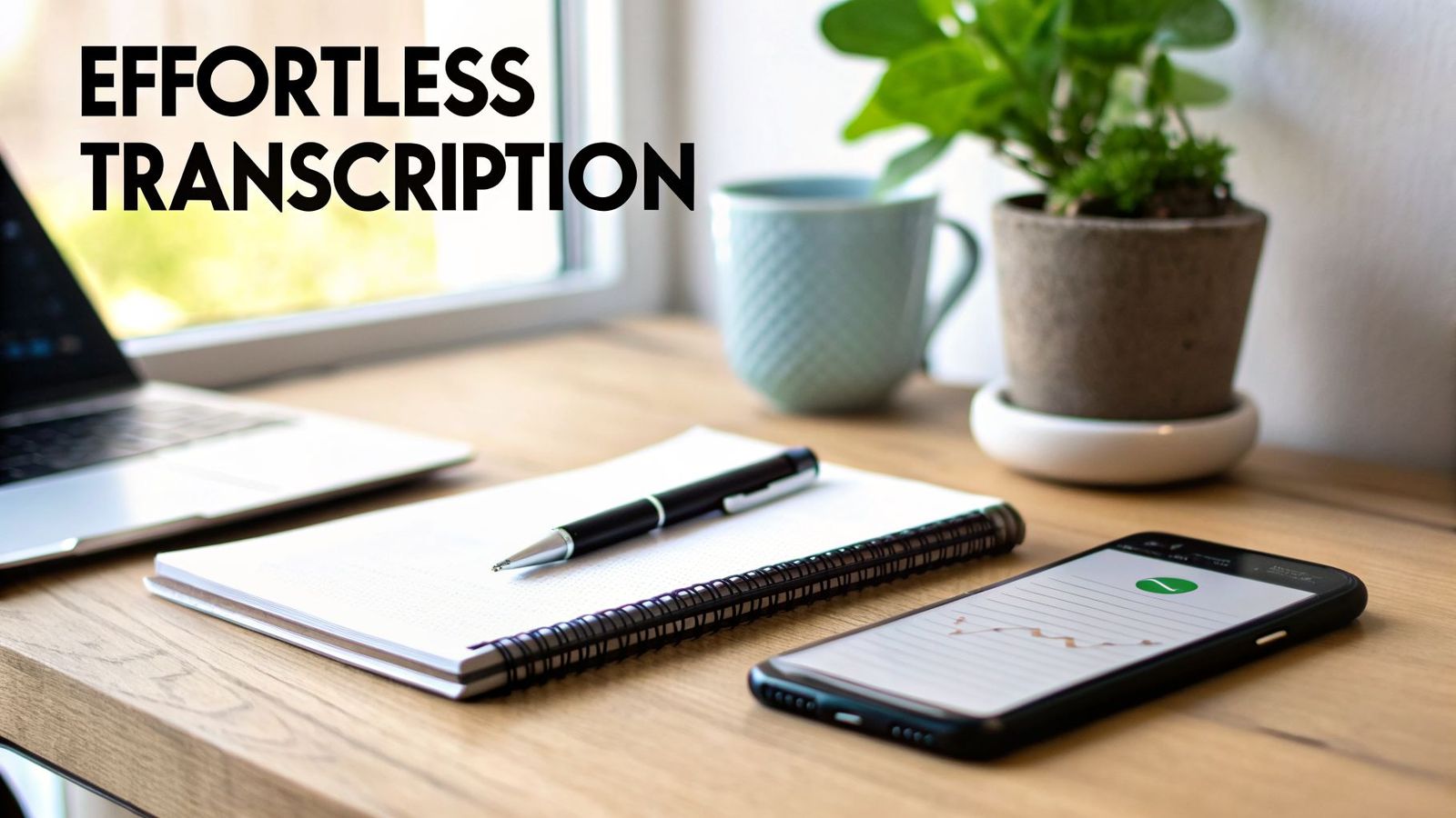 A clean wooden desk with a laptop, notebook, pen, smartphone, and plant, featuring 'Effortless Transcription' text.