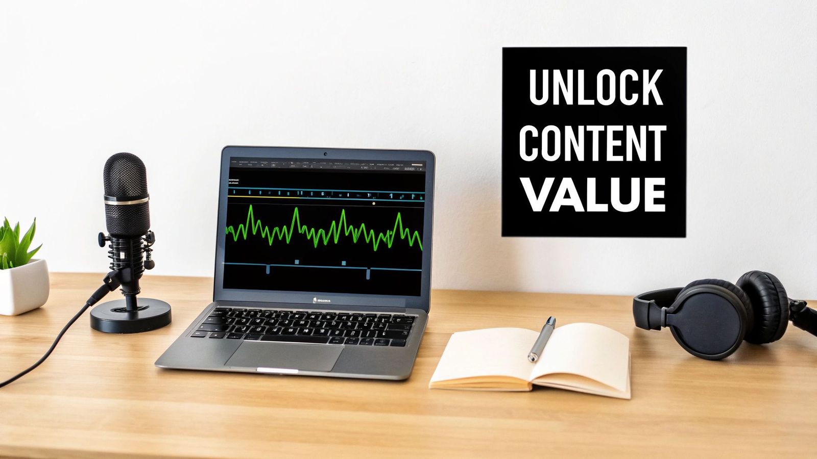 A podcasting setup with a microphone, laptop showing an audio waveform, headphones, and a sign 'UNLOCK CONTENT VALUE'.
