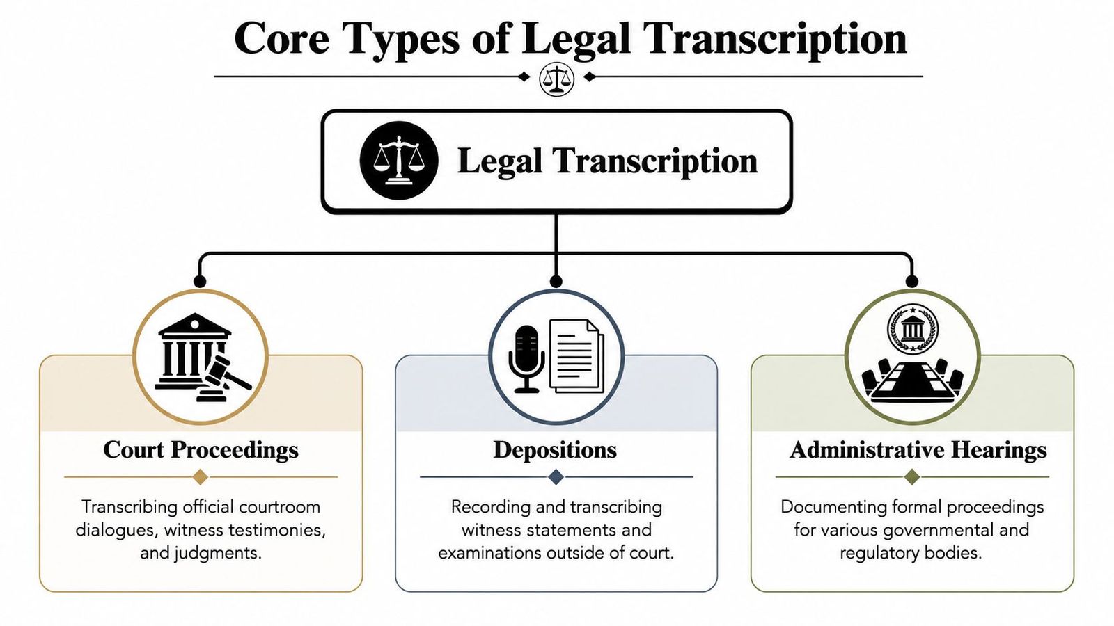 An infographic titled Core Types of Legal Transcription detailing court proceedings, depositions, and administrative hearings.