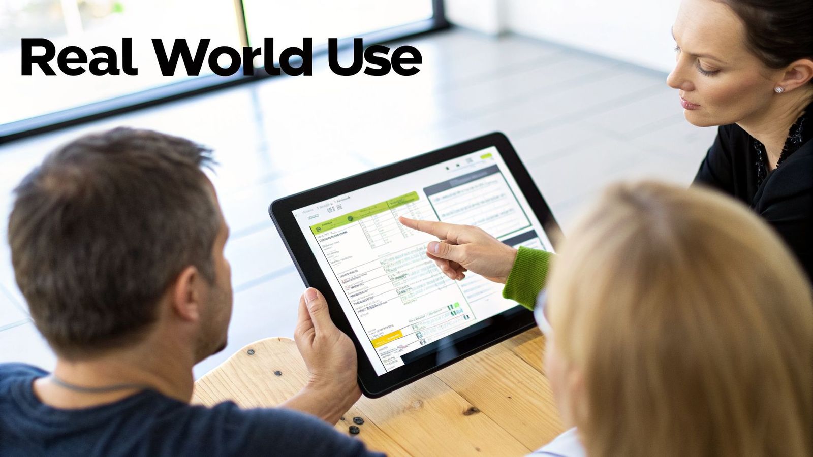Three people collaborate, looking at and interacting with a tablet displaying a business application for real-world use.
