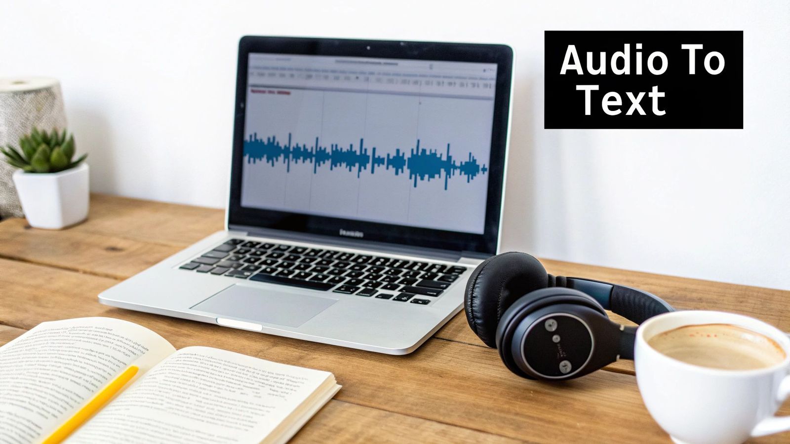 Laptop displaying an audio waveform, headphones, and a book on a wooden desk for audio to text.
