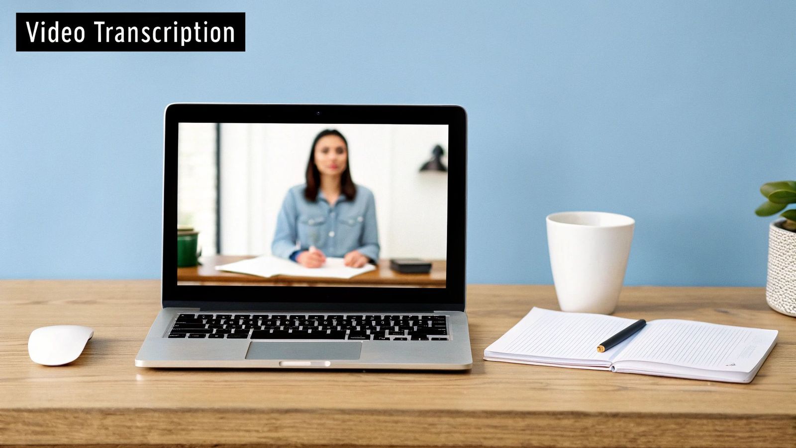 Video transcription workspace showing laptop with video call and transcription notes