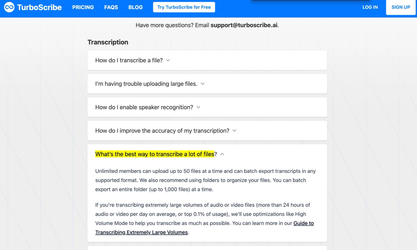 TurboScribe support page faqs