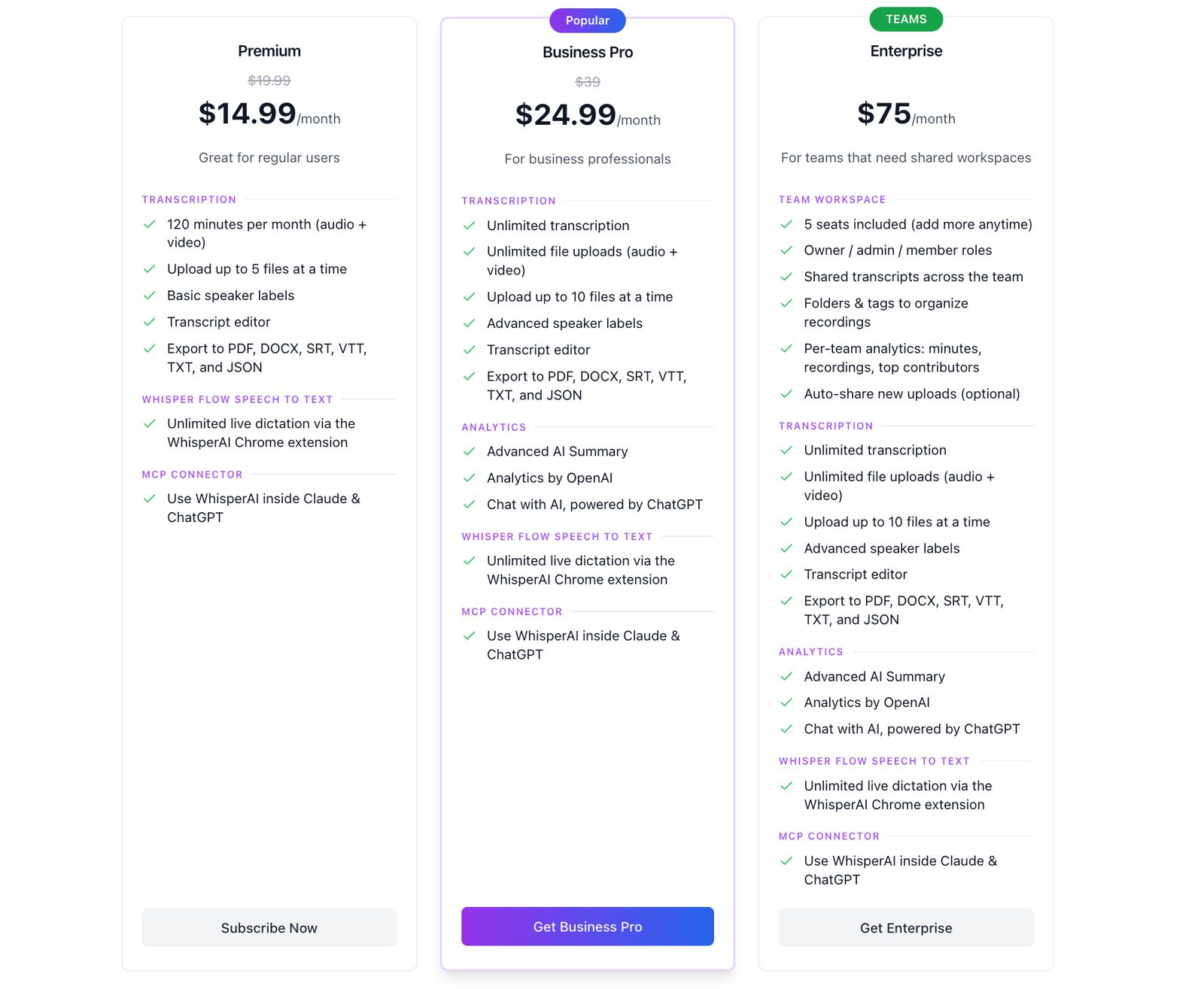 WhisperAI pricing page stating ‘Upload up to 10 files at a time’ on Business Pro