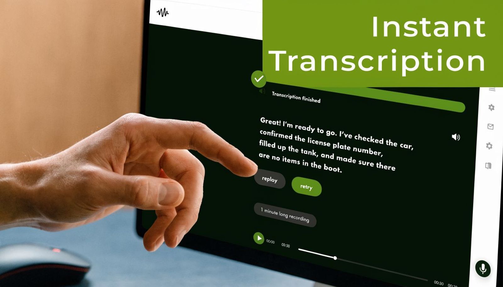 A hand pointing at a tablet screen displaying an instant speech to text transcription interface.