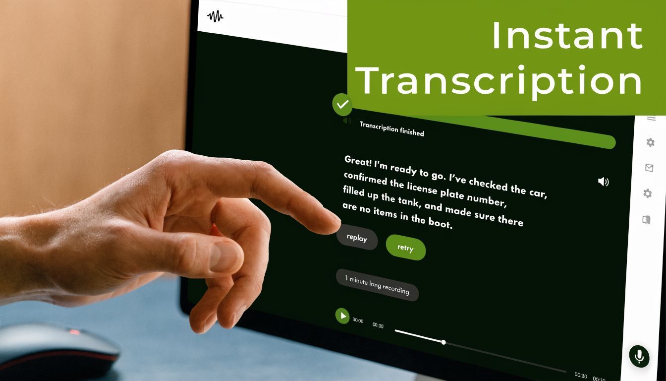 A hand pointing at a tablet screen displaying an instant speech to text transcription interface.