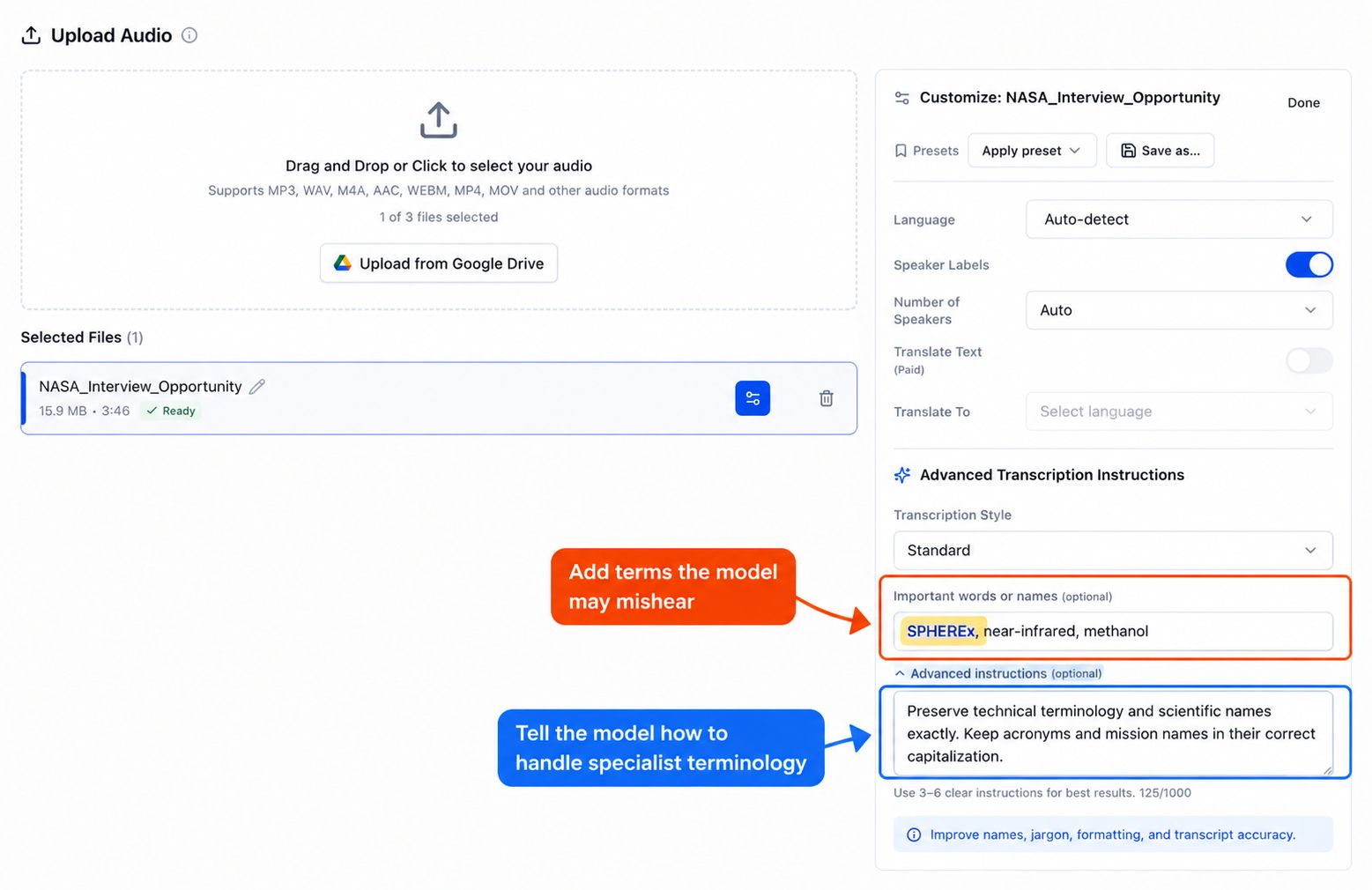 WhisperAI settings with custom vocabulary and transcription instructions