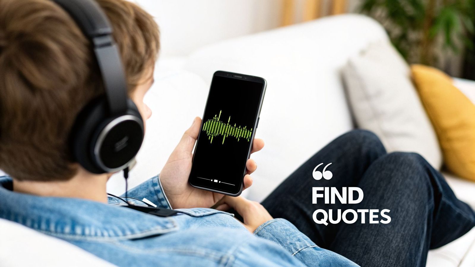 A person wearing headphones listens to audio on a smartphone displaying an equalizer.