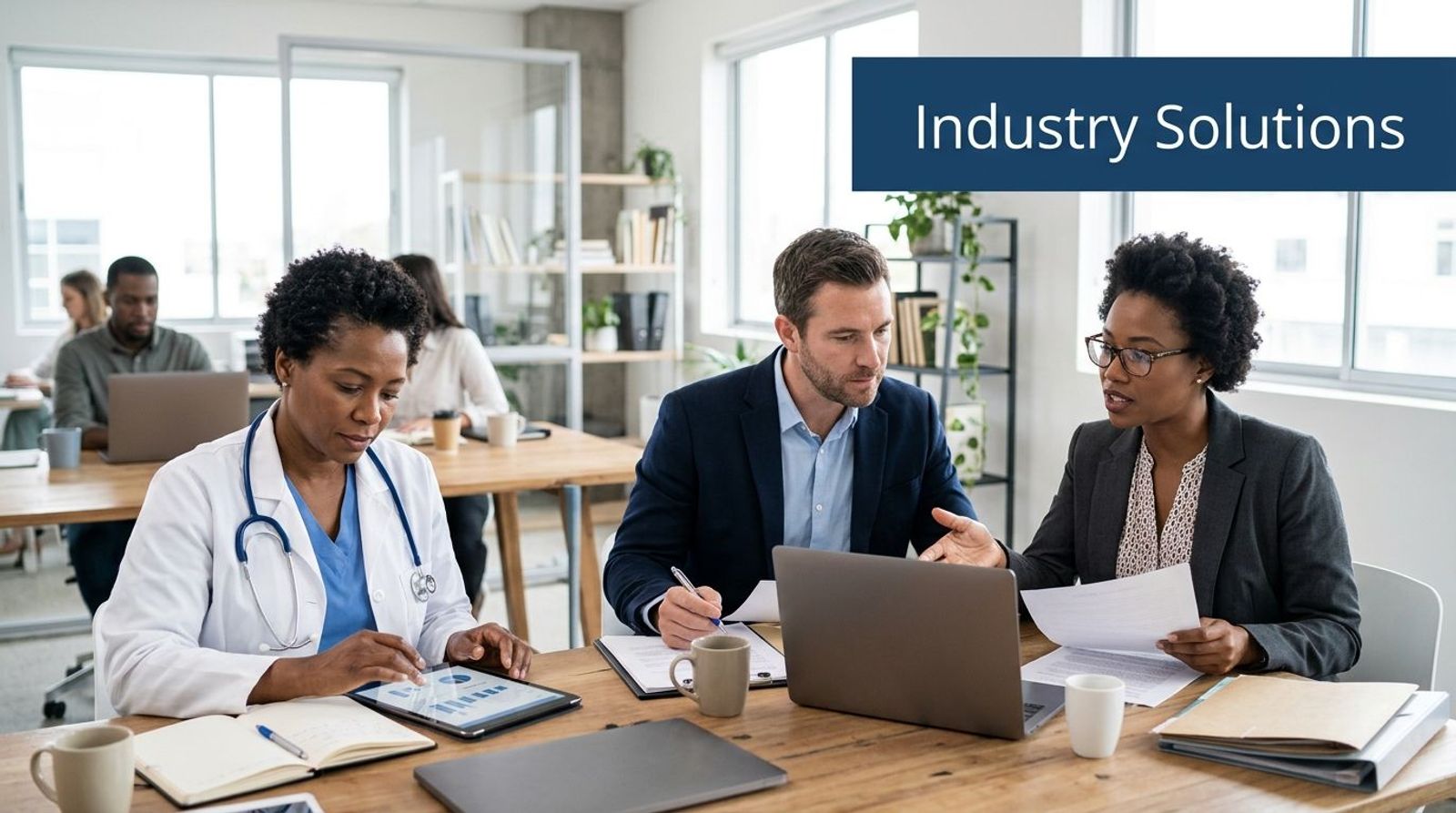 A diverse group of professionals in a modern office collaborating on business projects and health documentation.