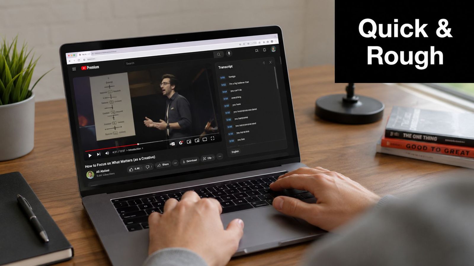 A person using a laptop to watch an Ali Abdaal YouTube video with the transcript feature open.