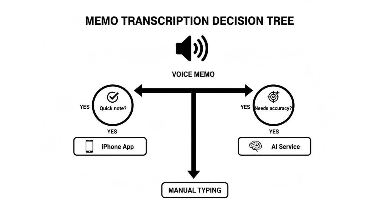 A decision tree diagram for voice memo transcription, guiding users to an iPhone app, AI service, or manual typing.