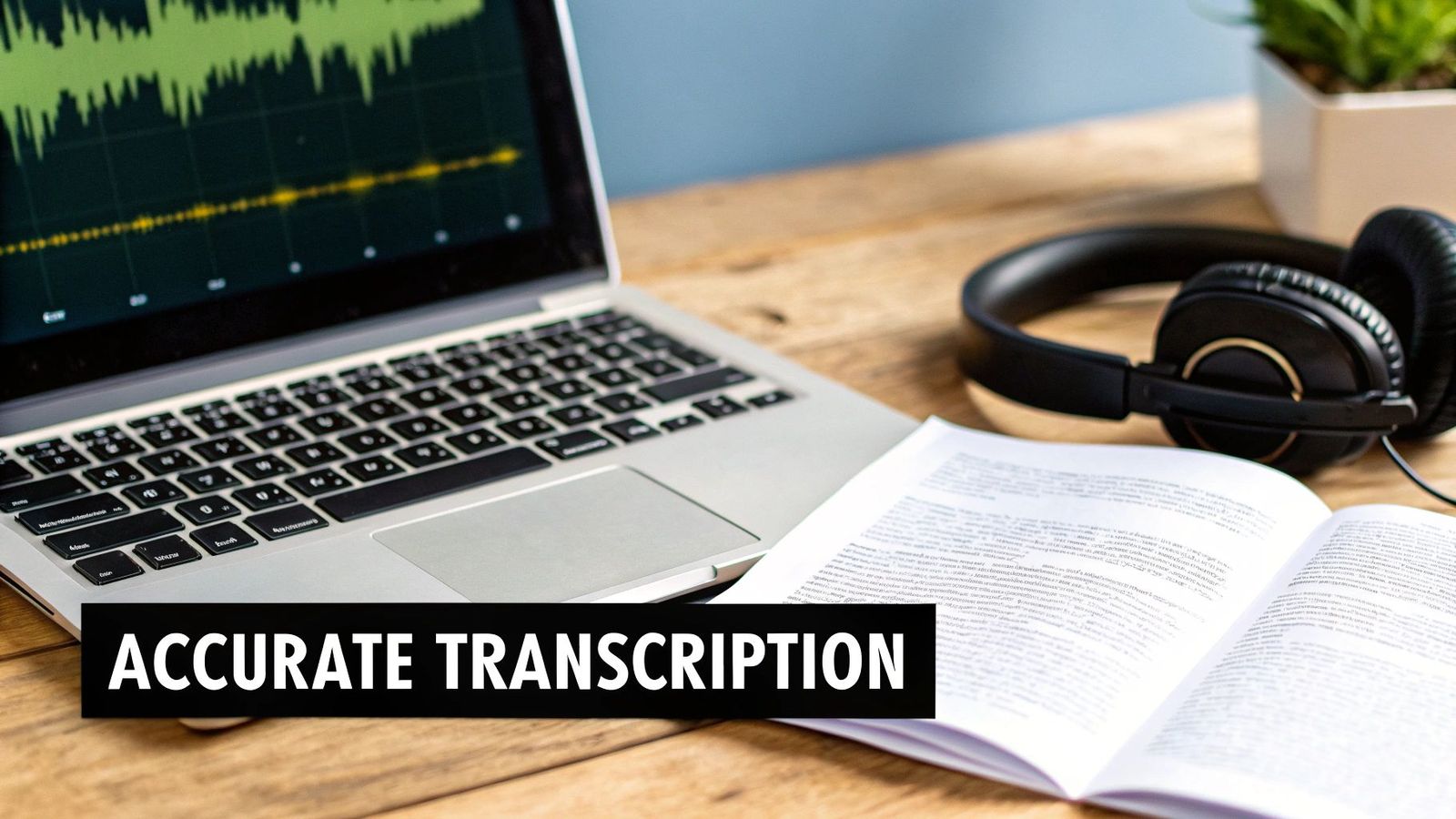 A laptop displaying an audio waveform, headphones, and an open book on a wooden desk for accurate transcription.