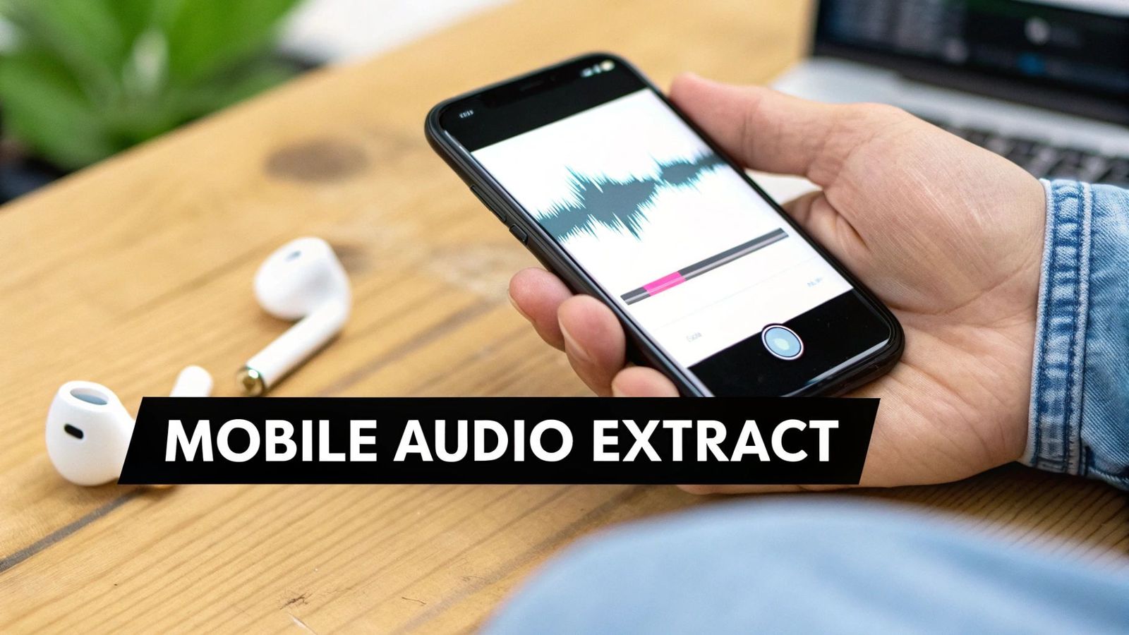 A hand holds a smartphone displaying an audio waveform, with white wireless earbuds and 'MOBILE AUDIO EXTRACT' text.