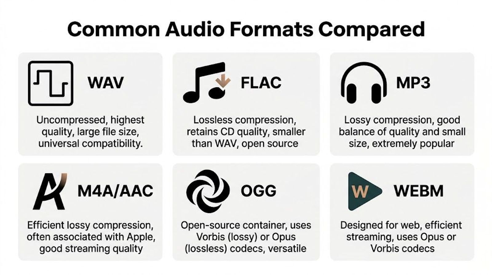 A chart comparing common audio file formats like WAV, FLAC, MP3, M4A, OGG, and WEBM with their descriptions.