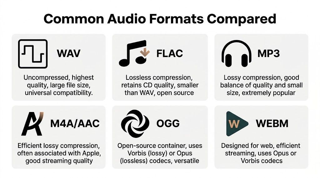 A chart comparing common audio file formats like WAV, FLAC, MP3, M4A, OGG, and WEBM with their descriptions.