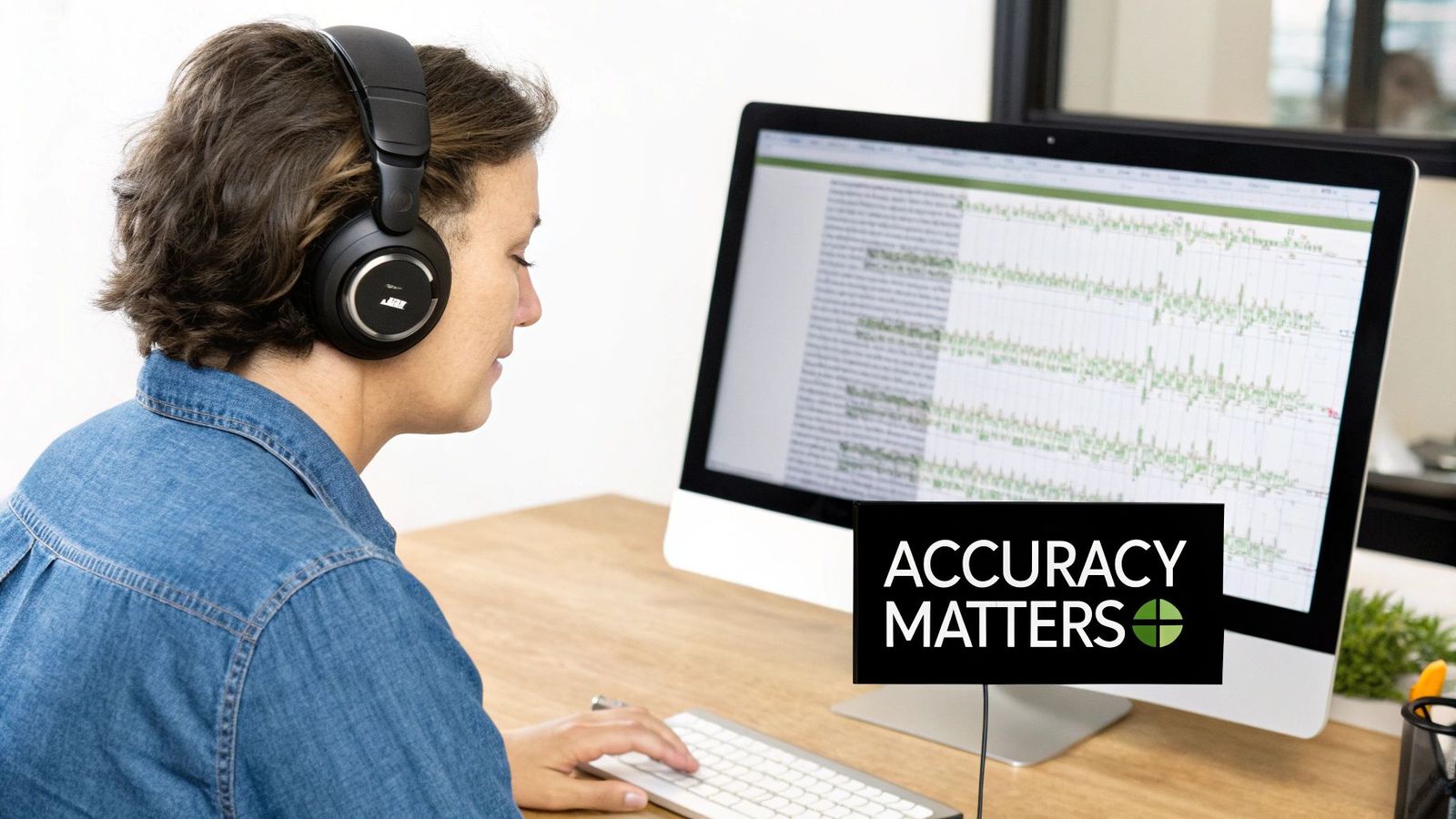 A person with headphones focuses intently on a computer screen displaying graphs and text, next to an 'ACCURACY MATTERS' sign.