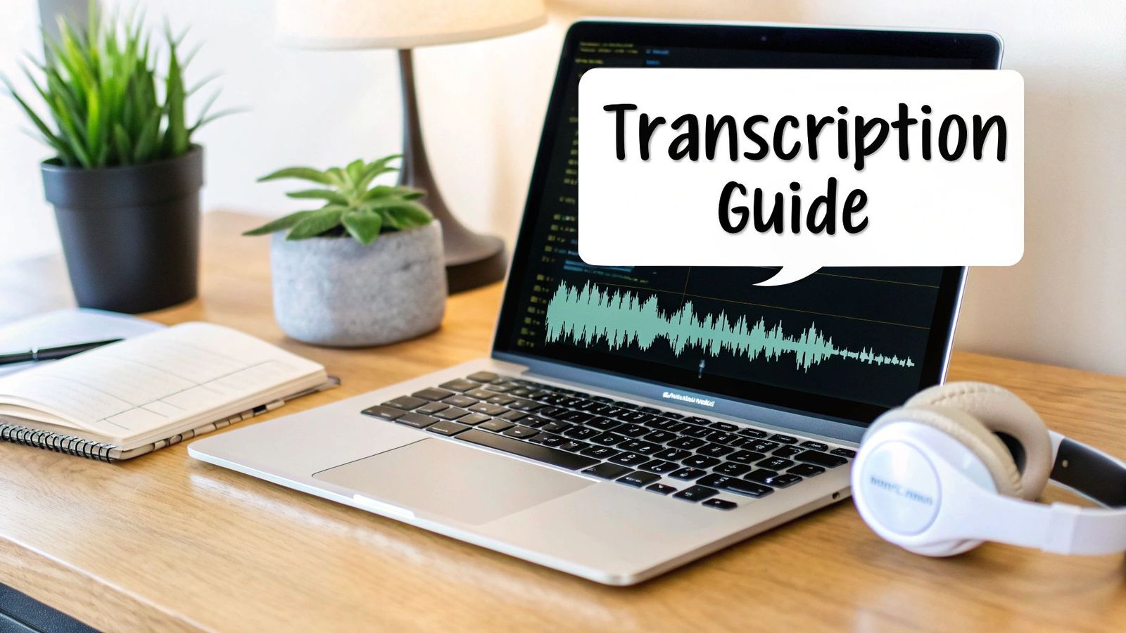 A laptop displaying an audio waveform with 'Transcription Guide' text, headphones, and plants on a desk.