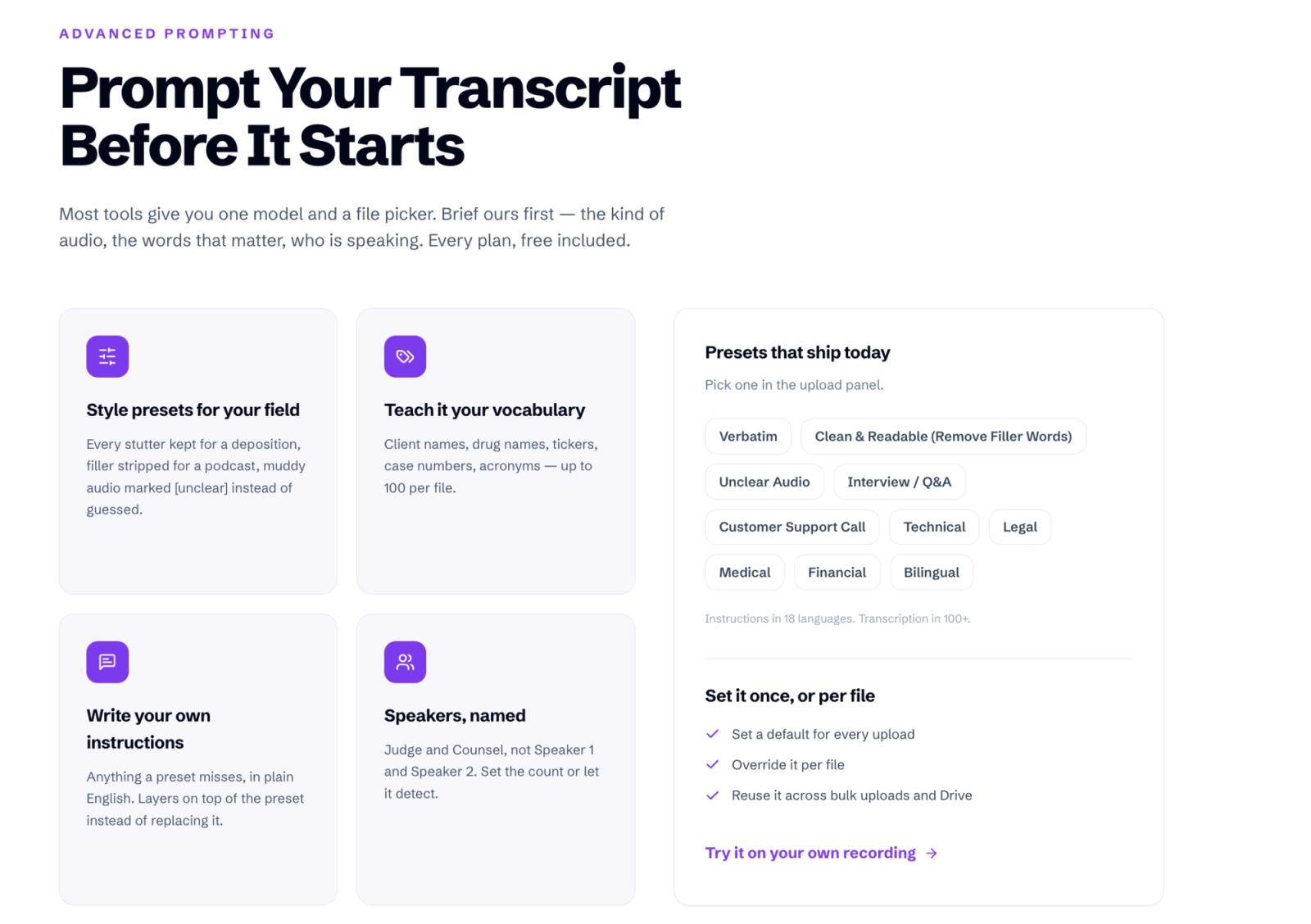 WhisperAI course vocabulary and transcription presets
