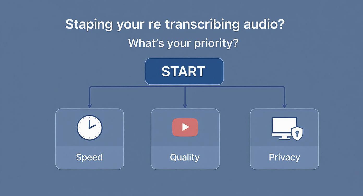 Audio transcription service flowchart showing three priority options: speed, quality, and privacy with start button