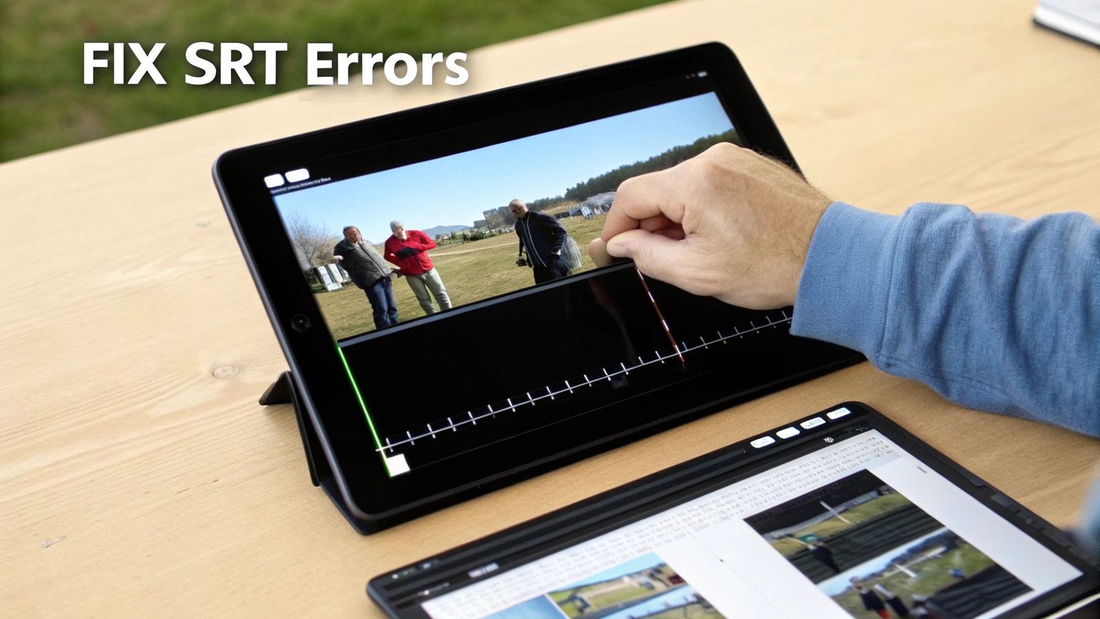 A hand edits a video timeline on a tablet displaying 'FIX SRT Errors' on a wooden desk.
