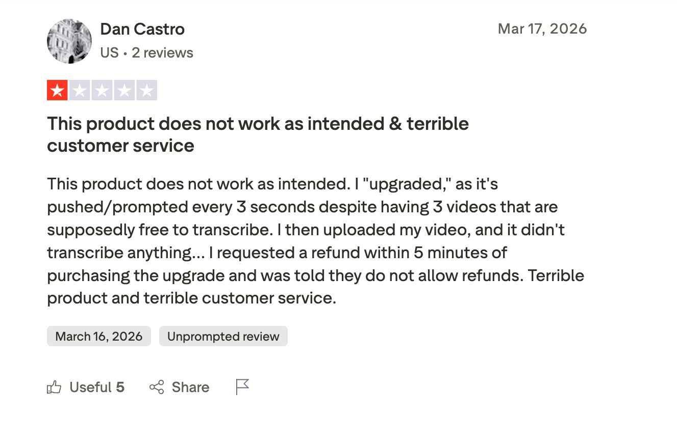 TurboScribe review reporting a refund refused five minutes after purchase