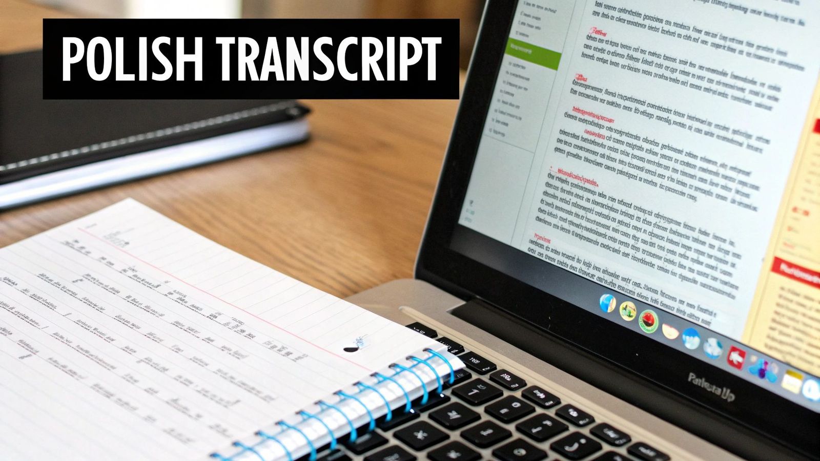A laptop displaying a document and a notebook with handwriting, with a 'POLISH TRANSCRIPT' banner.
