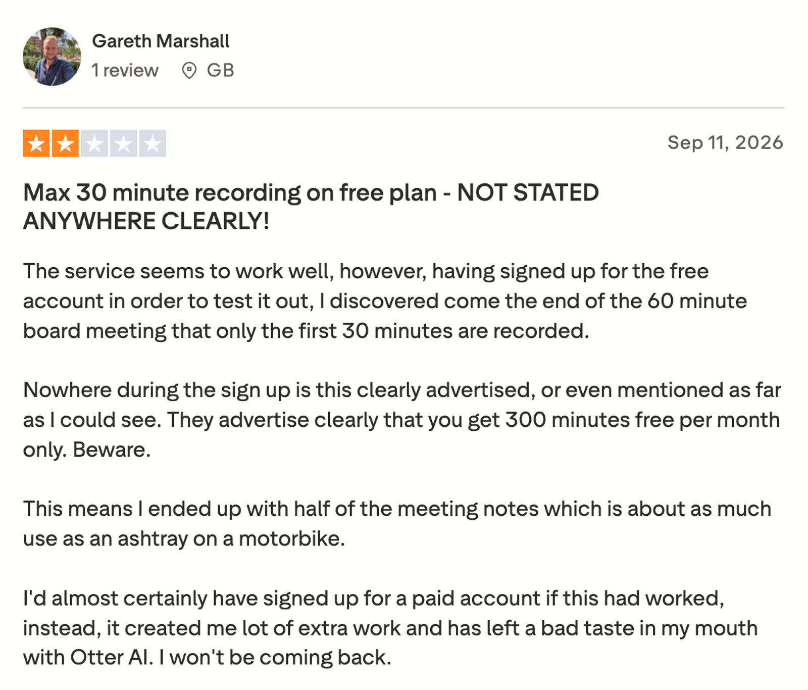 Otter.ai TrustPilot review