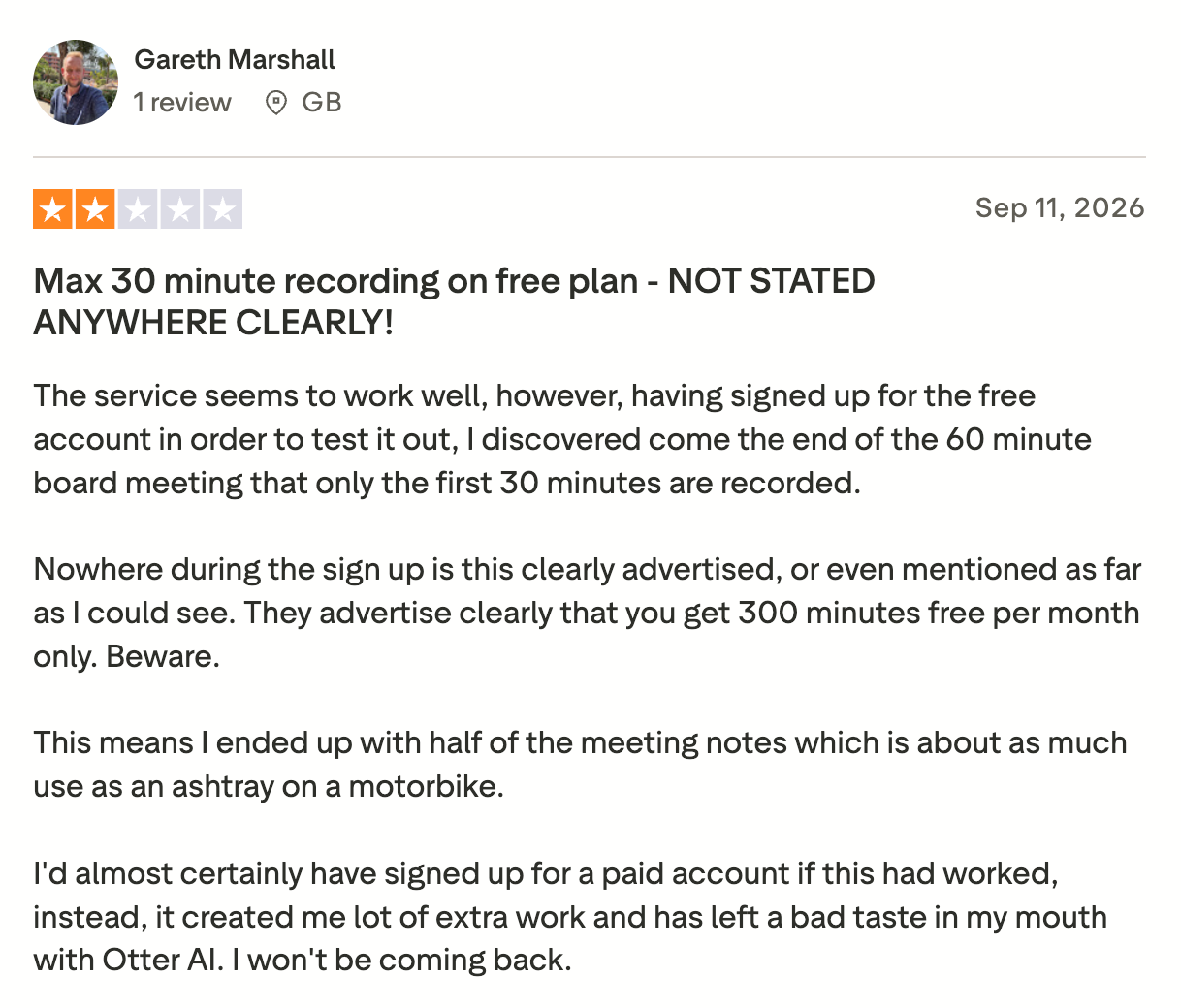 Otter.ai TrustPilot review