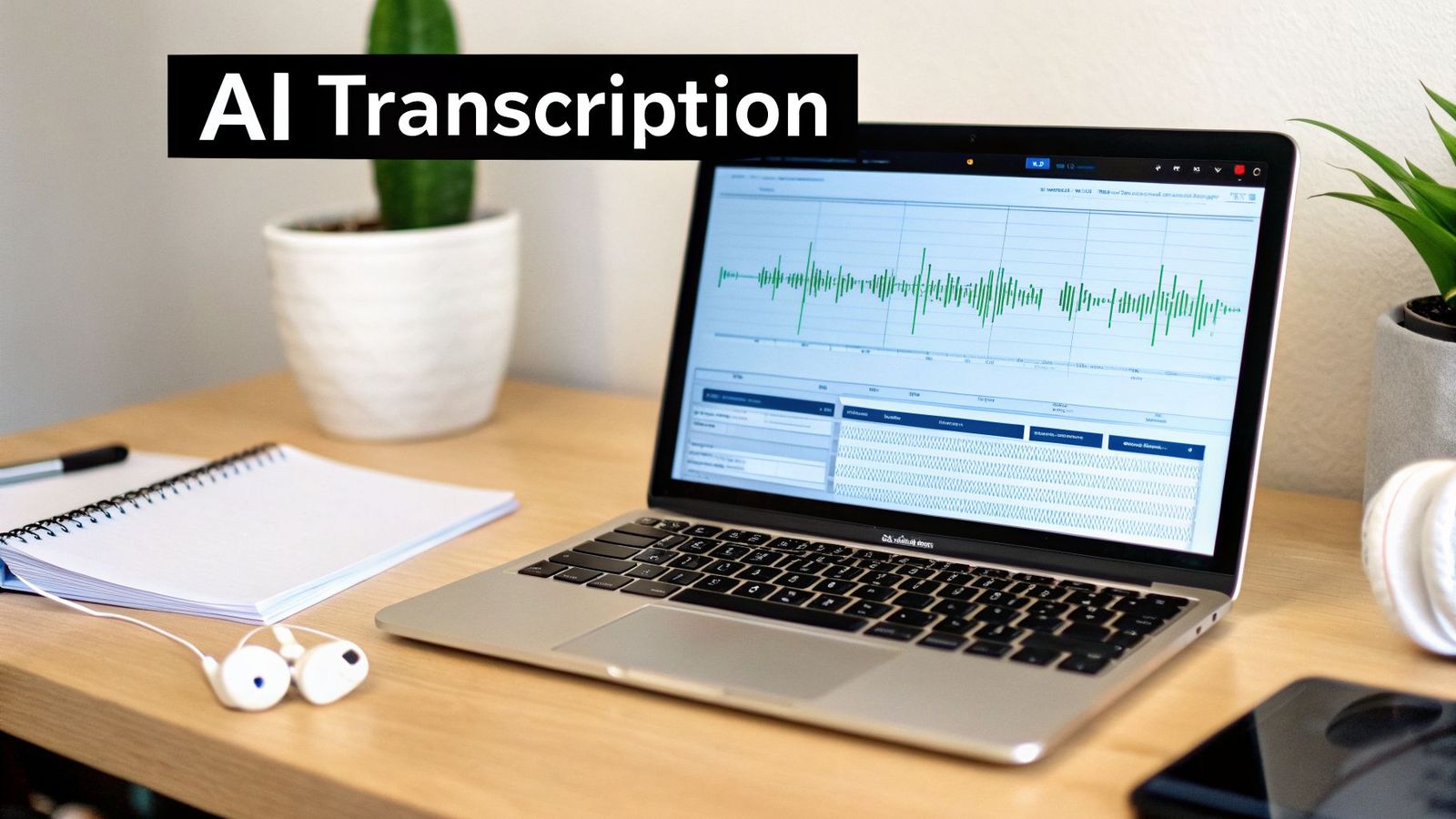 A laptop on a wooden desk displaying an audio waveform for AI transcription, with a notebook and earbuds.
