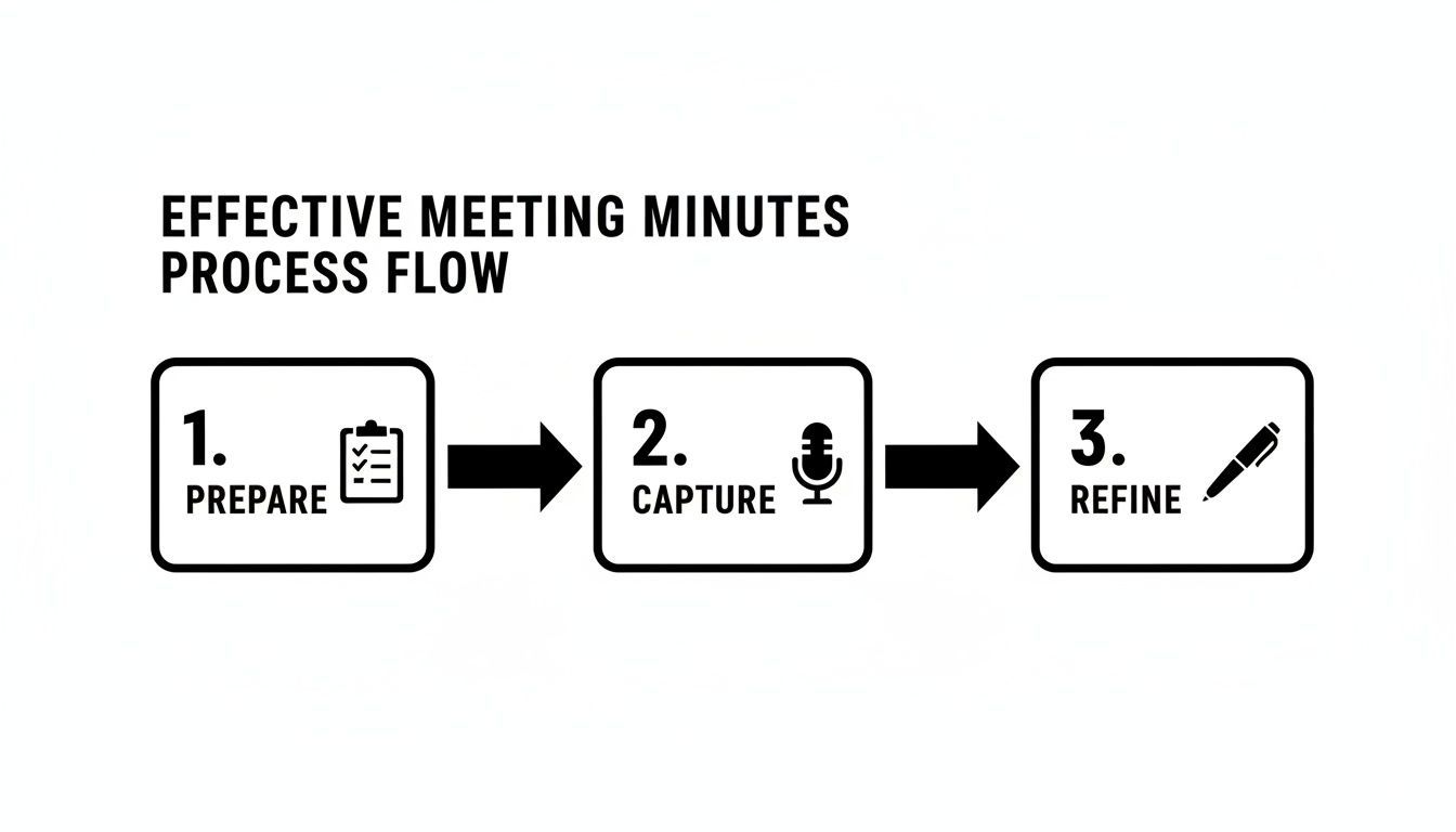 A three-step process flow for effective meeting minutes: Prepare, Capture, Refine.