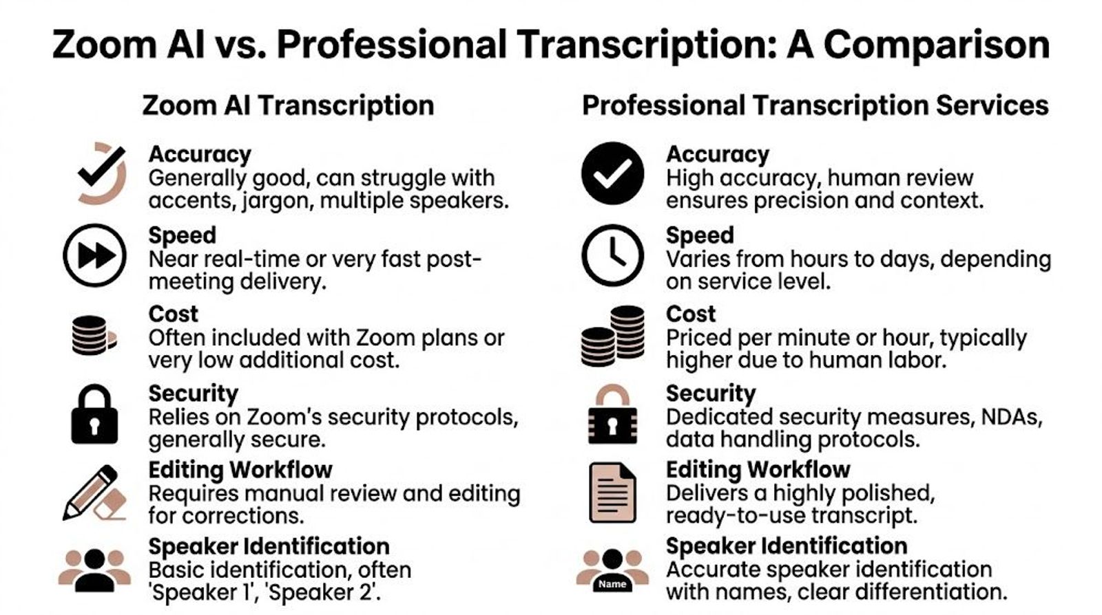 A comparison chart outlining the pros and cons of Zoom AI transcription versus professional human transcription services.