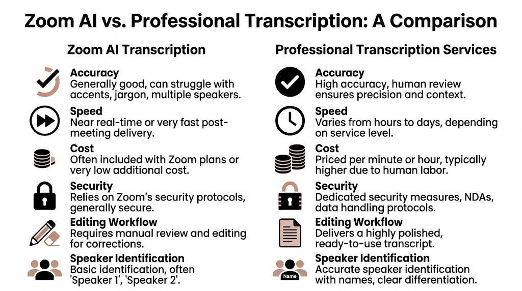 A comparison chart outlining the pros and cons of Zoom AI transcription versus professional human transcription services.