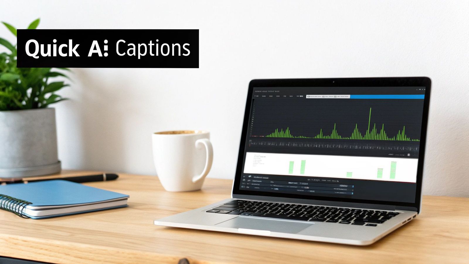 A bright desk workspace with a laptop displaying graphs, a coffee mug, a plant, and 'Quick A: Captions' text.