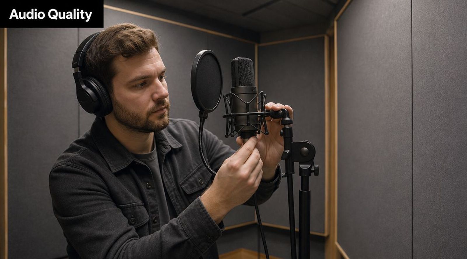 A man in a recording studio adjusting a professional microphone on a stand while wearing headphones.